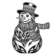 Festive snowman with intricate tribal patterns, ready for winter holidays, ideal for seasonal designs and unique Christmas projects, a modern twist on tradition