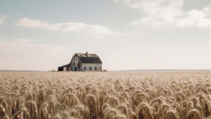 Fototapeta premium Wheat field in focus, faded building distant, under a bright, partly cloudy sky