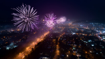 Fototapeta premium Aerial view of city celebrating Happy New Year 2026, fireworks everywhere, glowing streets, drone night shot, vivid lights, cinematic atmosphere, joyful crowd, dynamic scene, holid