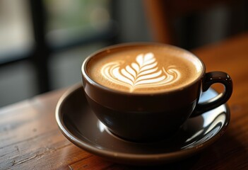 Delicate Cappuccino Art Showcase on Dark Rustic Wooden Countertop Elegant Coffee Craftsmanship
