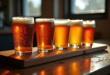 Elegant Craft Beer Flight Display with Artisan Labels, Rich Hues, and Unique Glassware Arrangement