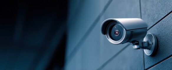 The Surveillance Camera Mounted on a Modern Building Wall Monitoring Urban Exterior at Dusk © MP Studio