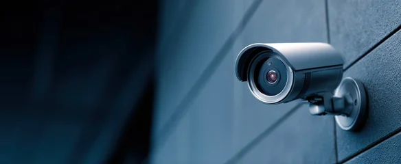 The Surveillance Camera Mounted on a Modern Building Wall Monitoring Urban Exterior at Dusk © MP Studio