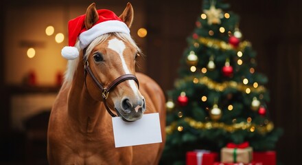 Horse wearing a Santa hat holding a blank card in its mouth, with a blurred Christmas tree and gifts in the background, for holiday greeting card.