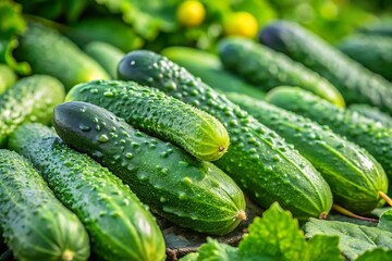 Fresh green cucumbers on the ground in garden close up view