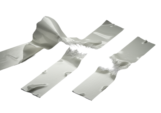 White adhesive tape strips dynamically deconstructed, peeled, torn, and stretched, revealing glossy adhesive, fibrous rupture, and crinkles on a transparent background, extreme macro close-up study of