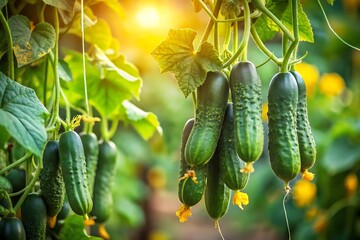 Ripe cucumbers hanging on a branch in the garden at sunset time