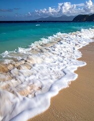 Turquoise ocean wave breaks on sunlit sand, distant mountains on the horizon