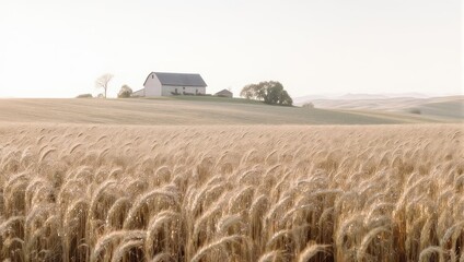 Wheat field in soft light, leading to a farmhouse on a gentle, grassy slope