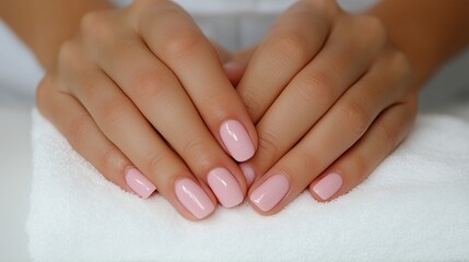 Fototapeta premium Beautifully manicured hands with soft pink nails resting on a clean towel