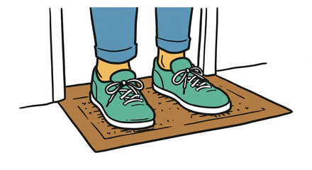 Pair of shoes on entrance mat with white background and copy space