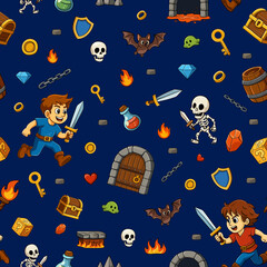 Retro Dungeon Adventure Seamless Pattern &ndash; Cute 90s Video Game Style with Heroes, Skeletons, Bats, and Treasures