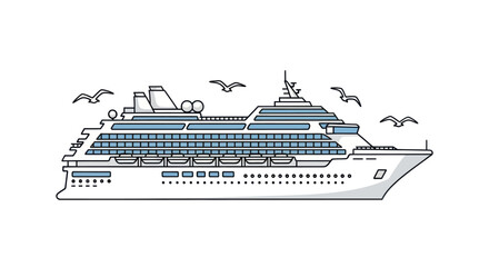 Obraz premium Cruise Ship Illustration with Birds Ocean Liner Passenger Vessel Sea Travel.