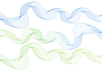 Three parallel mesh waves of blue and green colors on white. Eps 10