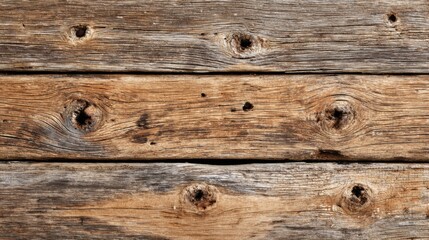 Naklejka premium A close-up view of weathered wooden boards reveals intricate grain patterns and knots. The warm tones and natural blemishes highlight the beauty of aged timber.