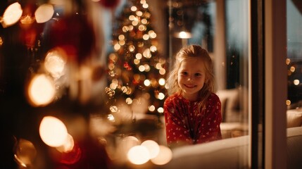 Child enjoys a cozy holiday scene with twinkling lights and a tree
