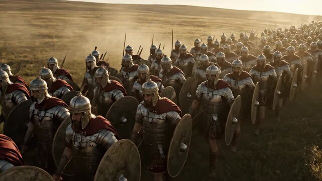 Roman legionaries marching in formation across dusty field at sunset. Ancient army advance reenactment in pseudo-documentary style. Historical military footage sequence.
