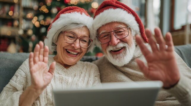 Happy seniors enjoy a video call together in their cozy home - Powered by Adobe