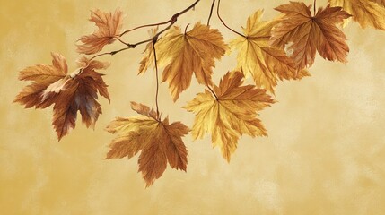   A painting depicts leaves dangling from a tree against a yellow backdrop In the distance, a yellow wall is visible