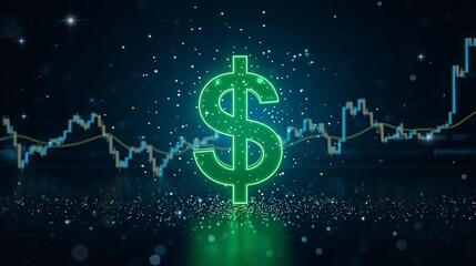 A luminous green dollar sign against a dark blue background. A stock market chart, with white and yellow lines denoting trends, snakes across the background, indicating financial market activity 