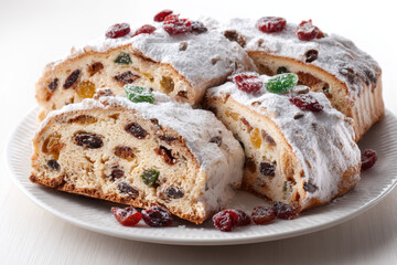 Traditional Christmas stollen cake dusted with powdered sugar a festive dessert for the holiday season