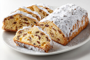 Traditional stollen bread dusted with powdered sugar a festive German Christmas cake with dried fruits and nuts served on a white plate