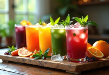 Fototapeta premium Rustic Wooden Tray Displaying Assorted Juice Shots in Vibrant Colors Fresh Ingredients Healthy Living Refreshing Beverages