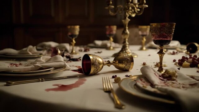 Lavish dinner table disrupted by red wine spill sequence. Overturned goblets and scattered utensils on white cloth. Documentary footage of elegant meal chaos in dining room.