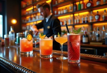 Sophisticated Craft Cocktail Bar Aesthetic with Artistic Spirit Displays and Inviting Ambiance