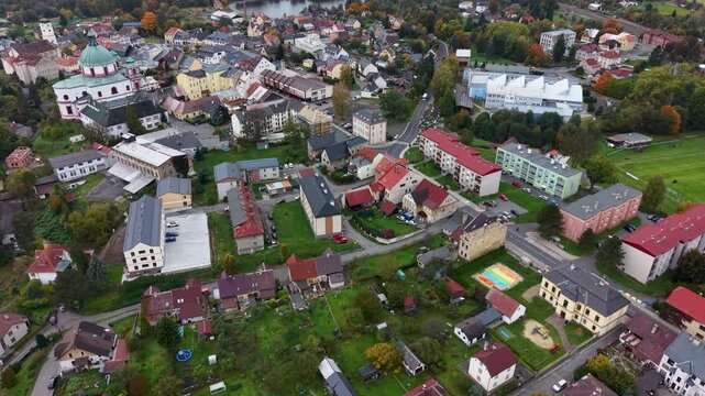 Aerial Church Saint Lawrence Jablonne Czechia city arch 1. Czech Republic 18th century. Buildings of Baroque architecture in Central Europe. Historic town center. Near German and Polish borders.
