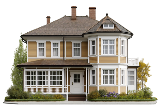 Yellow Siding House with White Trim isolated on a transparent background