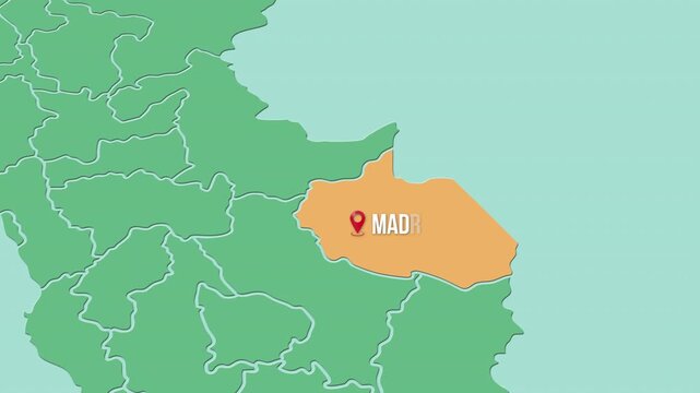 Mapa de Per&uacute; con divisi&oacute;n pol&iacute;tica resaltando el departamento de Madre de Dios