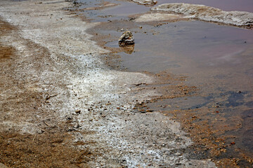 sól na brzegu słonego jeziora, Torrevieja, Hiszpania, Salt Lake in Torrevieja, lagoons for salt extraction in alicante, the pink lake of torrevieja, Costa Blanca, province of Alicante, Spain
