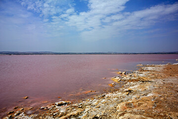 różowe jezioro, słone jezioro, Torrevieja, Hiszpania, Salt Lake in Torrevieja, lagoons for salt extraction in Alicante, pink lake of torrevieja, Costa Blanca, province of Alicante, Spain, Laguna Rosa