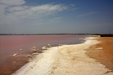 różowe jezioro, słone jezioro, Torrevieja, Hiszpania, Salt Lake in Torrevieja, lagoons for salt extraction in alicante, the pink lake of torrevieja, Costa Blanca, province of Alicante, Spain
