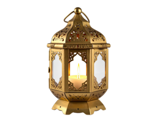 Ornate gold lantern with candle inside, casting a warm glow.