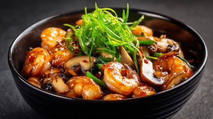 Fototapeta premium Succulent shrimp are stir-fried with mushrooms and topped with fresh green onions in a black bowl. This dish showcases vibrant colors and a flavorful garnish perfect for any dining experience.