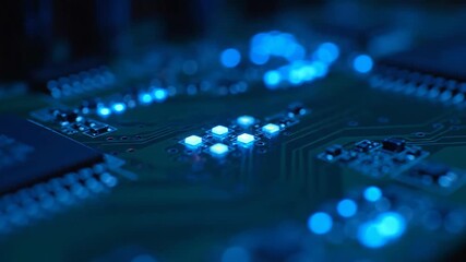 Macro shot of a computer circuit board with glowing blue lights. Close-up of a microchip and electronic components. Futuristic technology and data processing concept - Powered by Adobe