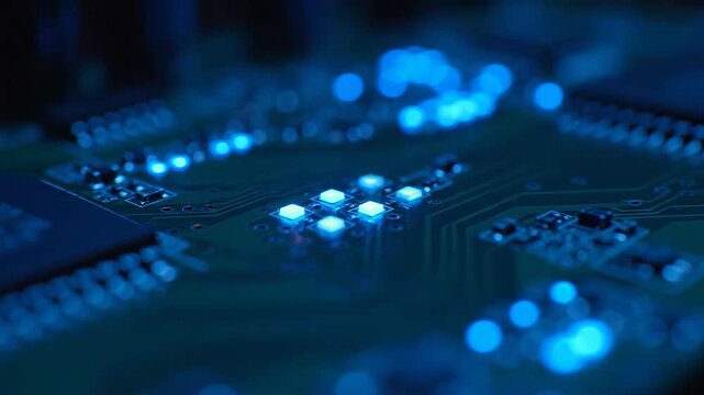 Macro shot of a computer circuit board with glowing blue lights. Close-up of a microchip and electronic components. Futuristic technology and data processing concept