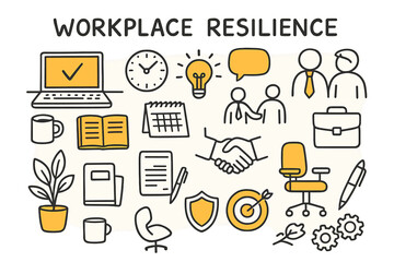 Workplace Resilience Icons. Workplace Resilience. Hand-drawn doodle illustration Desk, laptop, coffee cup, notebook, calendar, clock, lightbulb, graph,