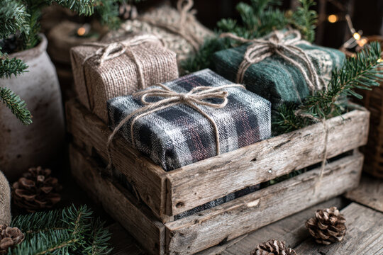 Rustic Christmas gifts in a wooden crate wrapped in burlap and plaid fabric for holiday decorations and seasonal celebrations - Powered by Adobe