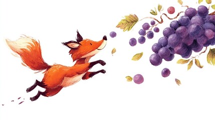   A fox on a tree branch with grapes, leaves, and berries in the foreground