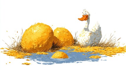   Painting of Duck and Rocks in Pond with Grass and Yellow Leaves