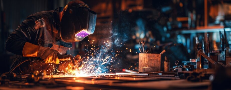The Welder at Work Creating Sparks in Industrial Workshop Environment