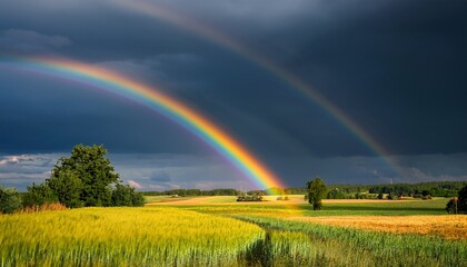Rainbow Over Stormy Sky Rural Landscape With Rainbow Over Dark Stormy Sky In A Countryside At Summer Day
