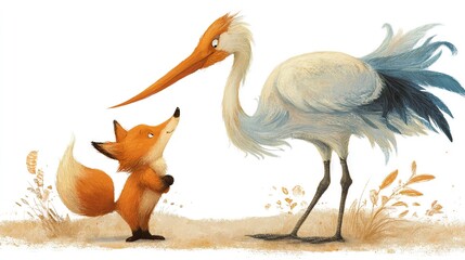   A fox and a bird share a peaceful moment together in the grass
