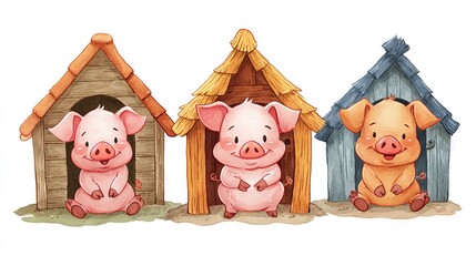   Three pigs sit on rooftops in tiny houses