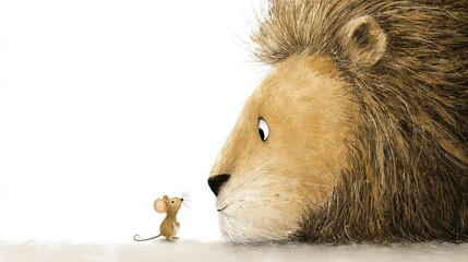   A mouse stands beside a lion's head with an opened mouth, resting its head on the ground