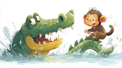  A monkey perched atop a crocodile's head, submerged in the water below