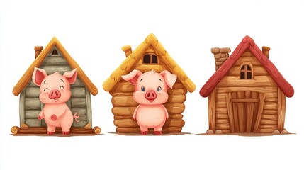   Three pigs stand before a cozy log cabin with door and window